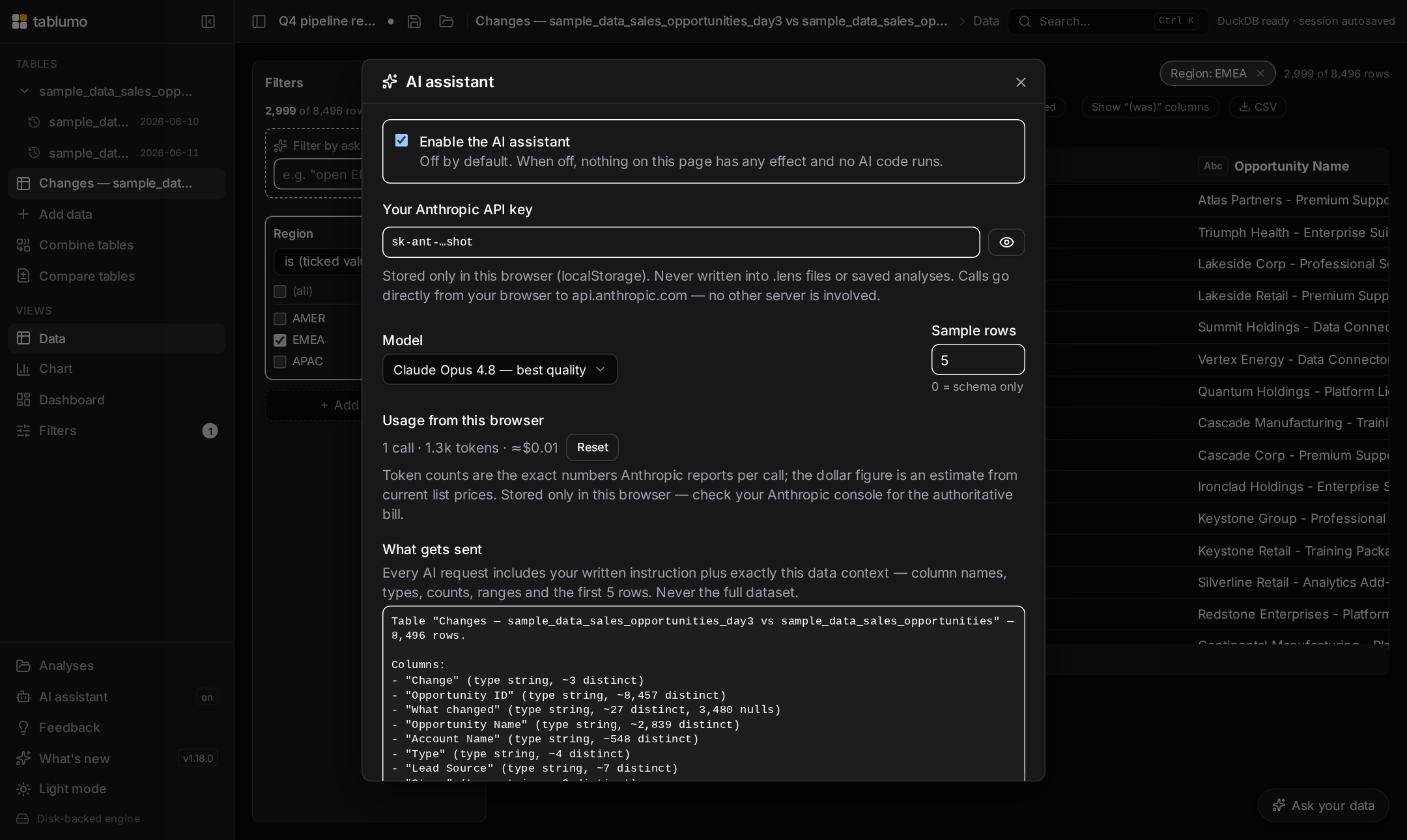 The AI assistant settings dialog with the master toggle, masked API key, model picker and the transparency panel showing exactly what gets sent