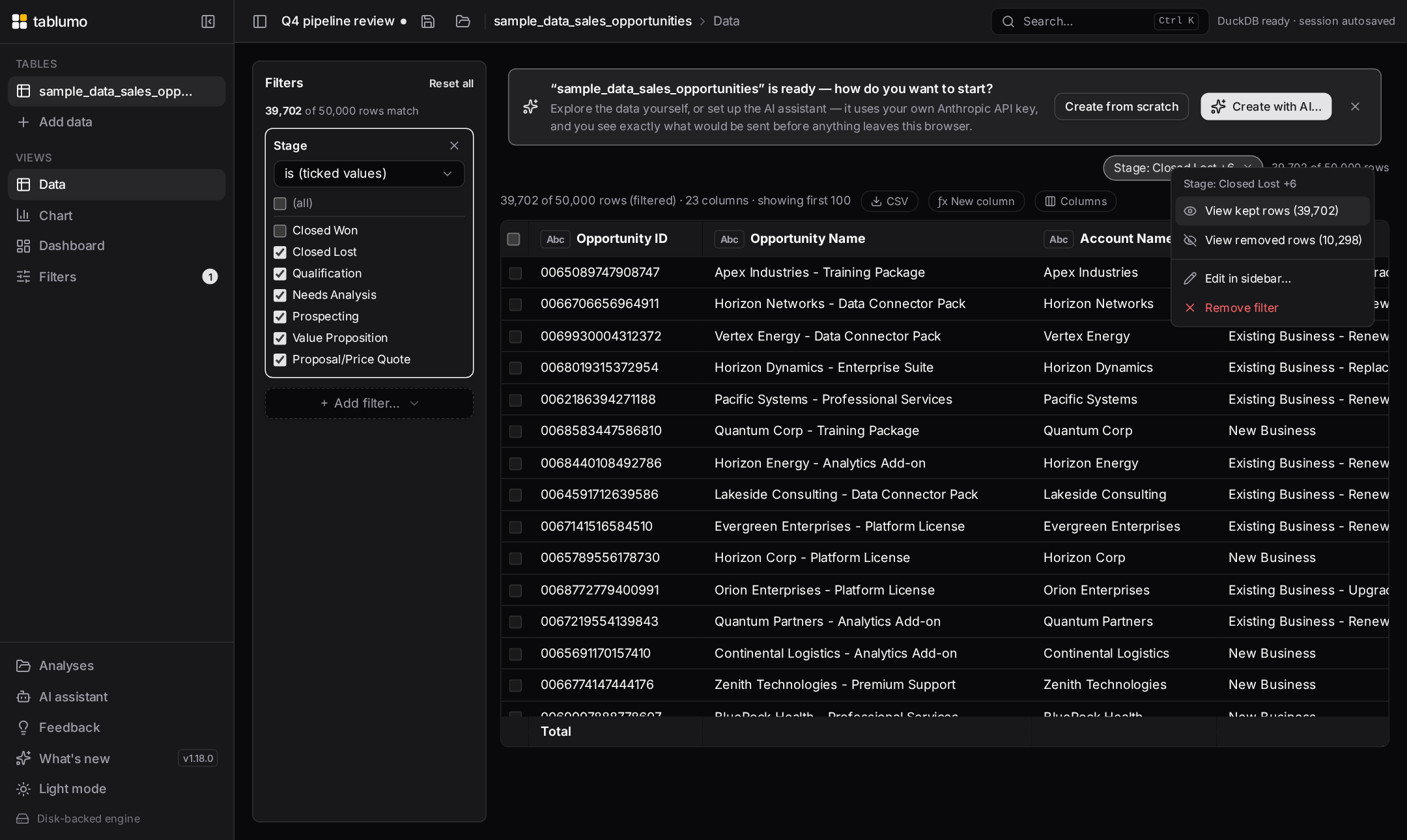 The right-click menu on a filter chip showing View kept rows and View removed rows with their row counts inline, plus Edit in sidebar and Remove filter