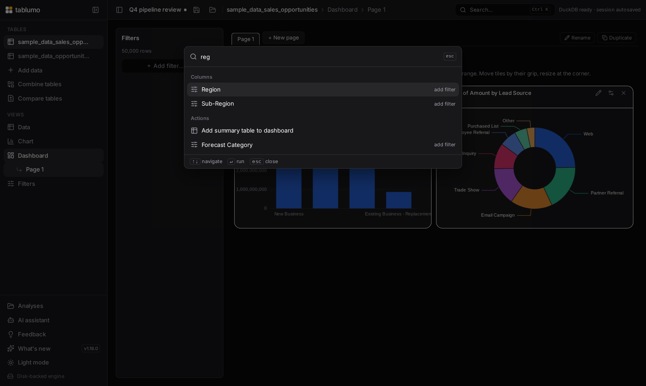 The ⌘K command palette over a dashboard, matching columns as you type