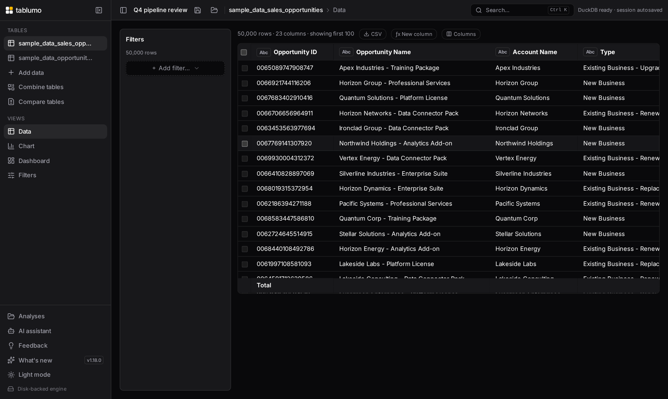 The Lens data grid with type-aware columns and the filter sidebar