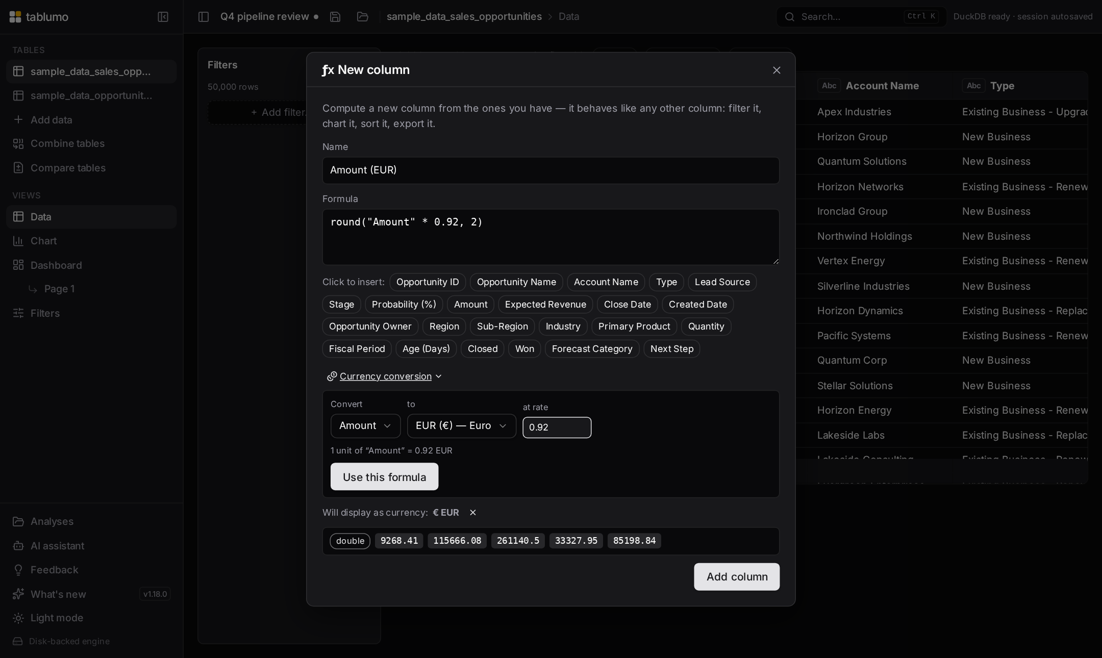 The ƒx dialog with the currency conversion template open