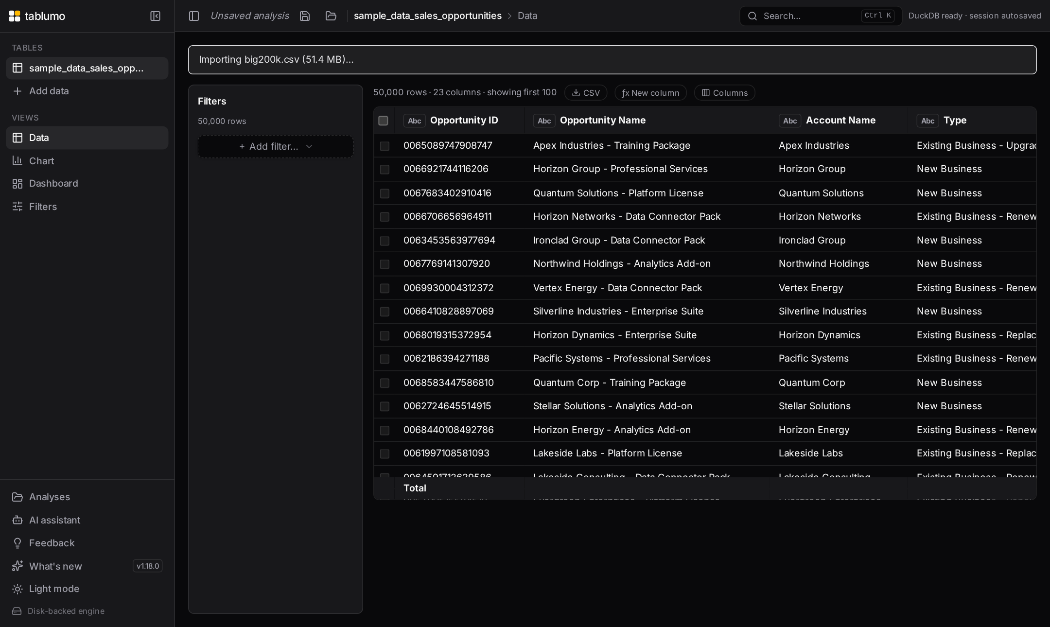 The import status while a 164 MB file loads: file size in the message, a note that data pages to disk beneath