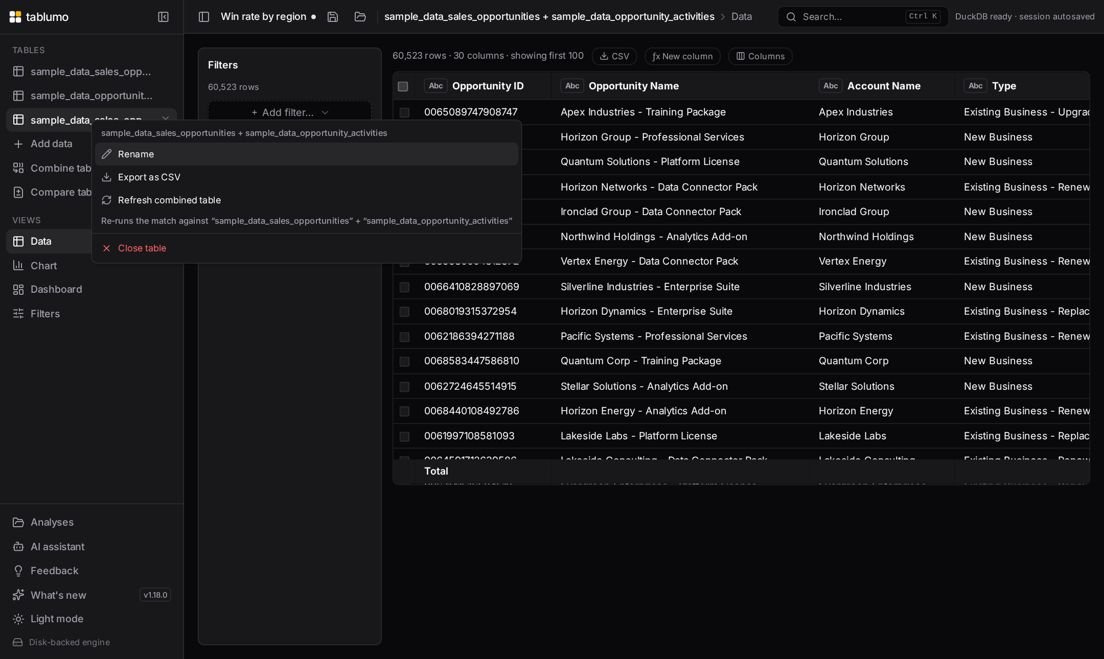 The right-click menu on a combined table with the Refresh combined table action and a note naming the original tables
