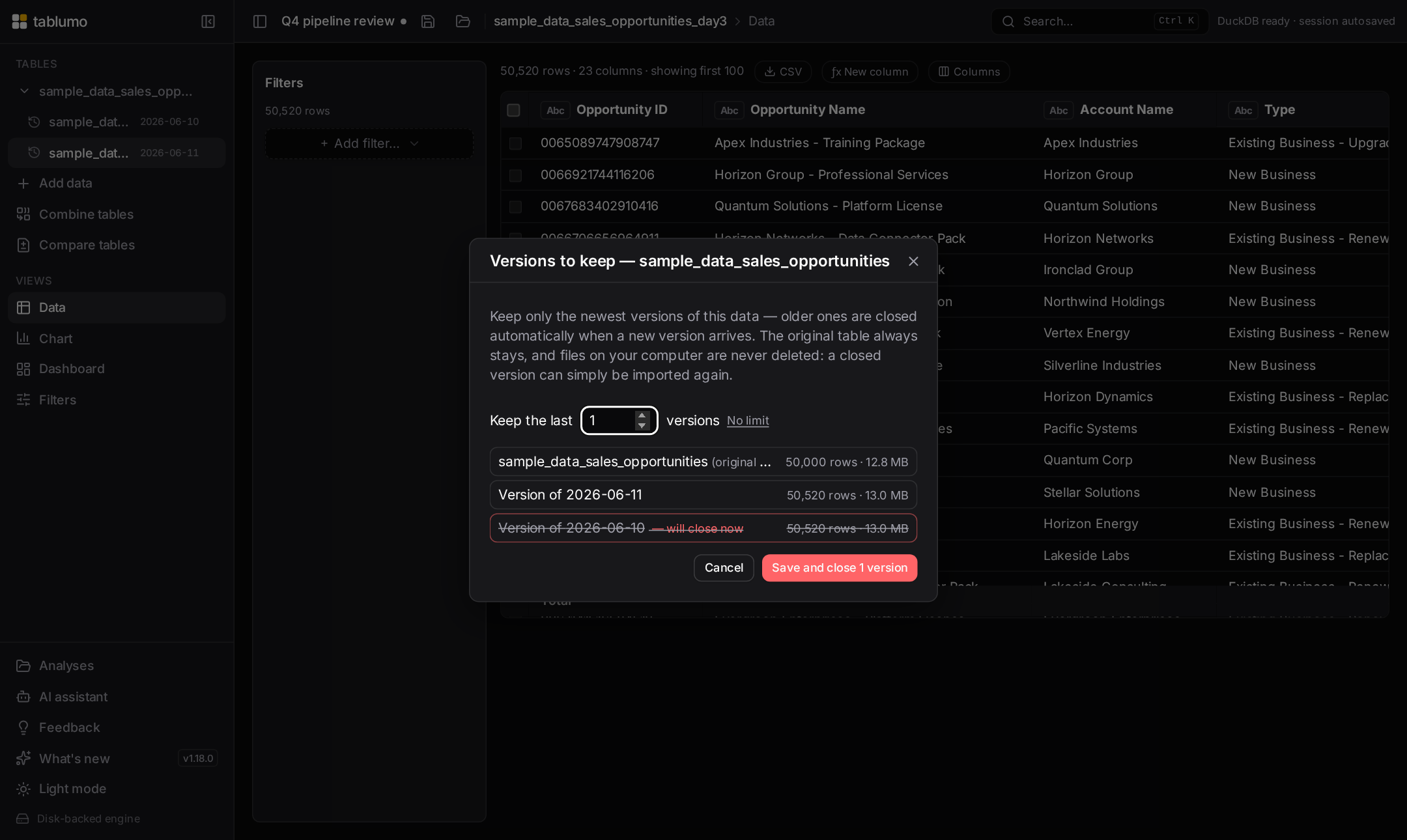 The Versions to keep dialog listing the original and two dated versions with exact row counts and file sizes, the oldest struck through as will-close-now