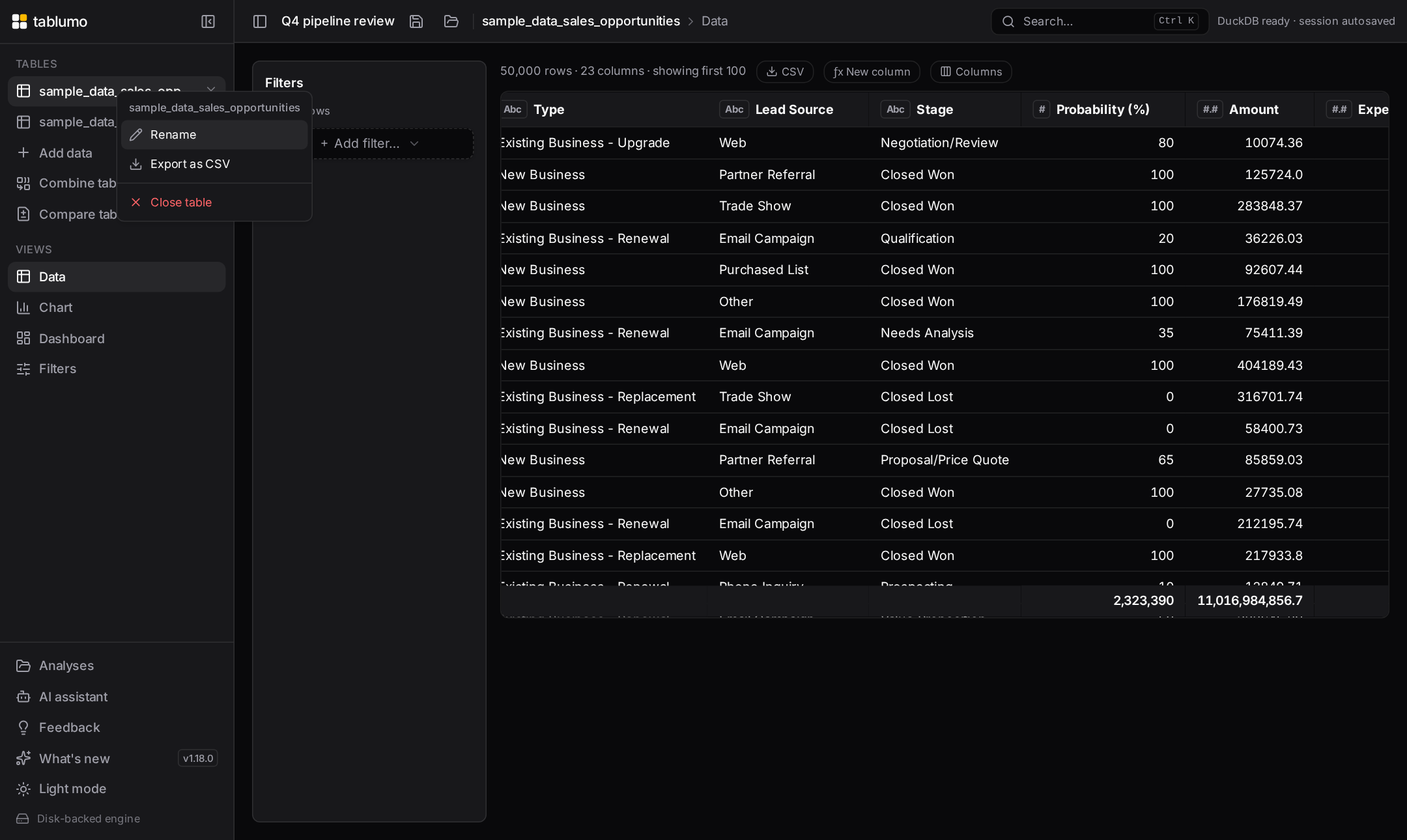 The right-click context menu on a sidebar table offering Rename, Export as CSV and Close table
