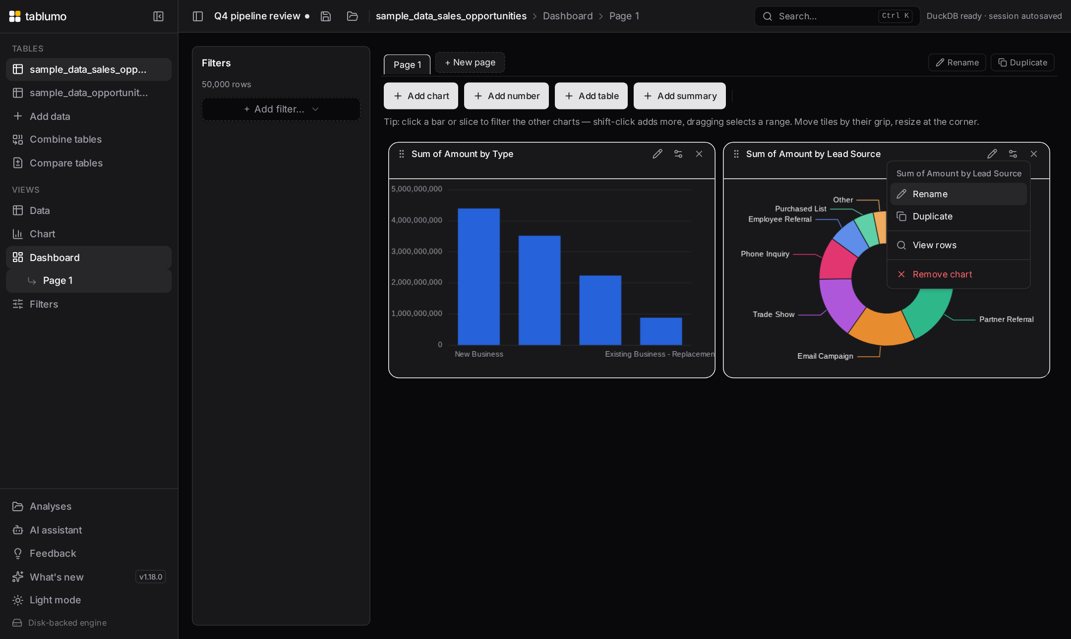 The right-click context menu on a dashboard tile offering Rename, Duplicate, View rows and Remove